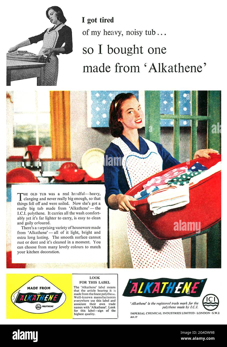 1957 British advertisement for a laundry basket made from Alkathene