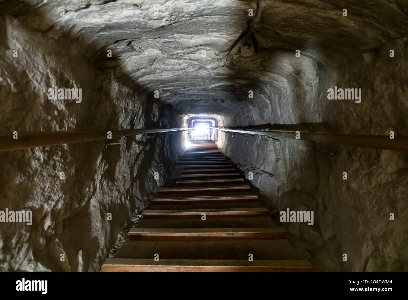 Stairway of the tomb in the center of a pyramid at Giza, Cairo in Egypt. light at the end of the tunnel. The Afterlife of the ancient Egyptian Pharaoh Stock Photo