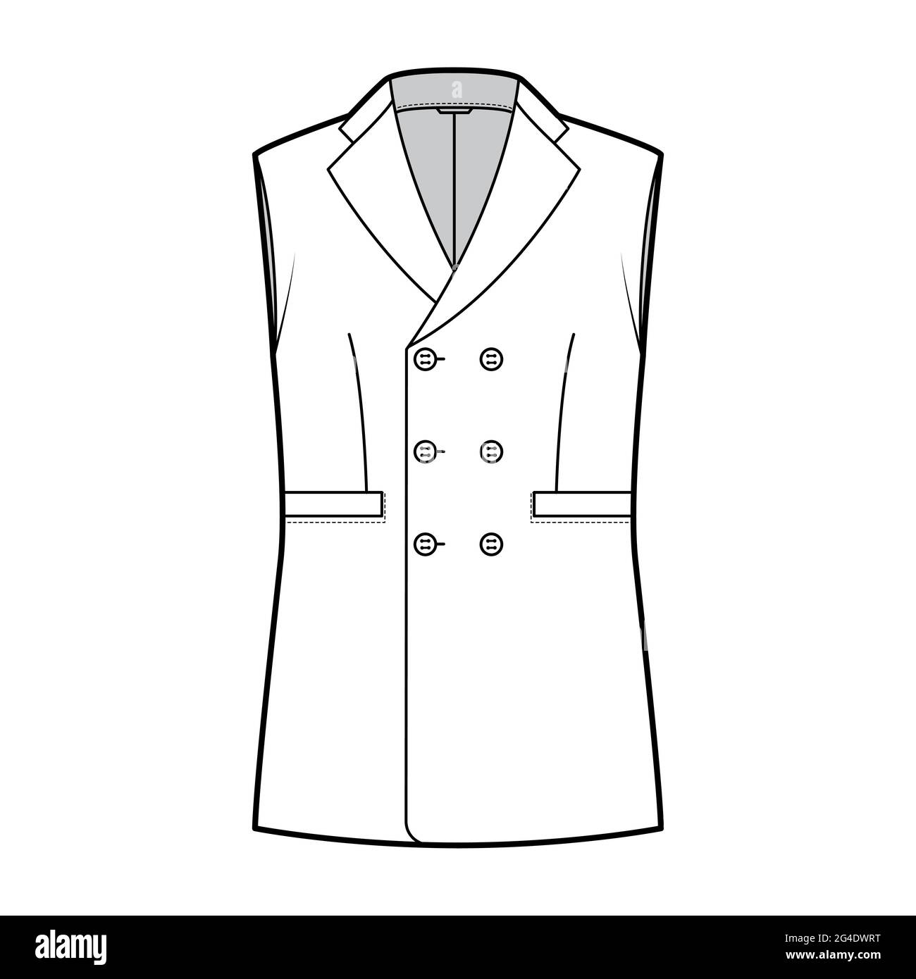Sleeveless jacket lapelled vest waistcoat technical fashion illustration with double breasted