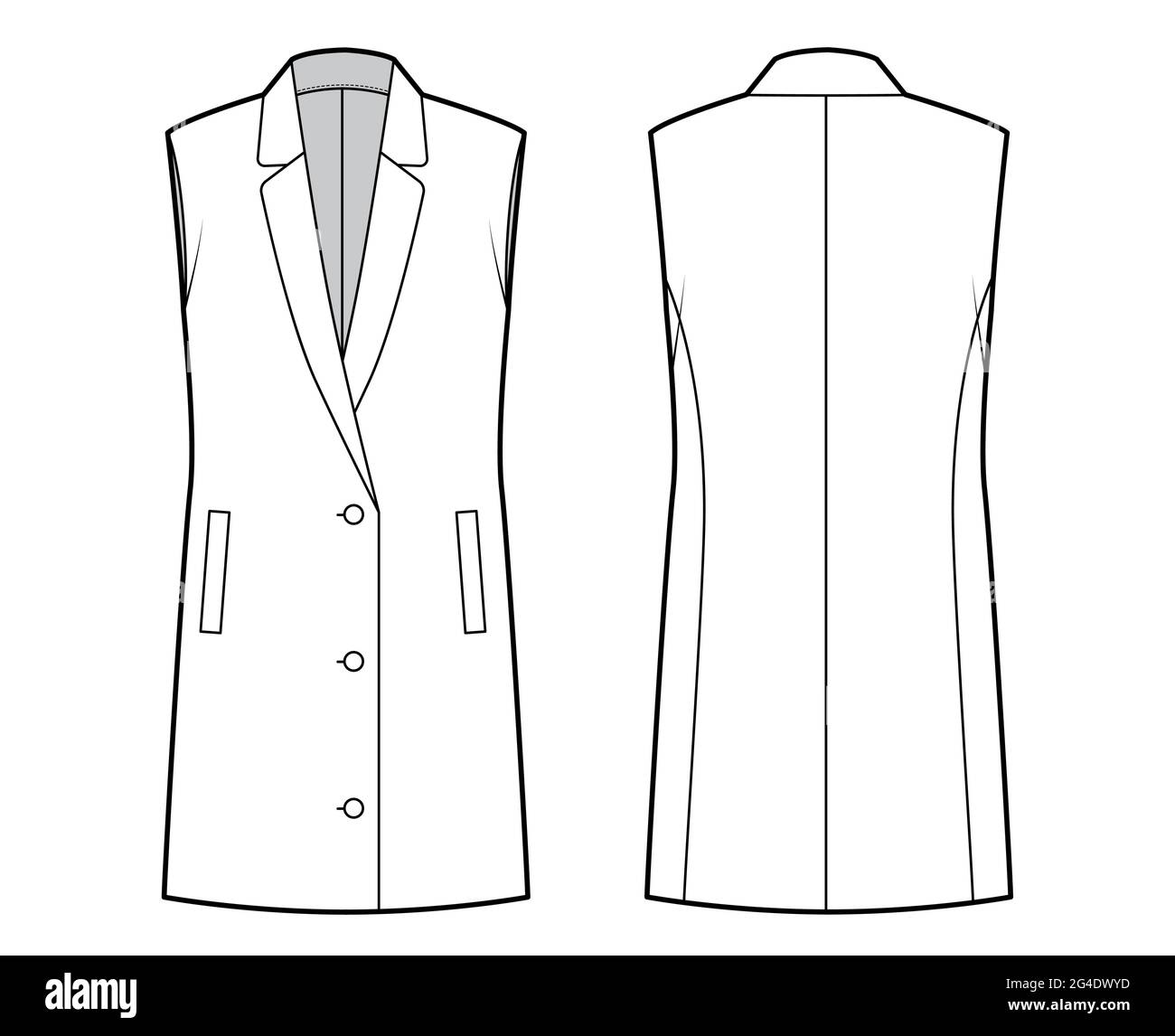 Sleeveless jacket lapelled vest waistcoat technical fashion illustration with button-up closure, pockets, oversized. Flat template front, back, white Stock Vector