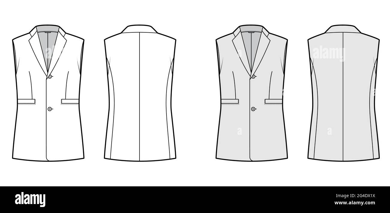 Sleeveless jacket lapelled vest waistcoat technical fashion illustration with notched collar, single breasted, pockets. Flat template front, back, whi Stock Vector
