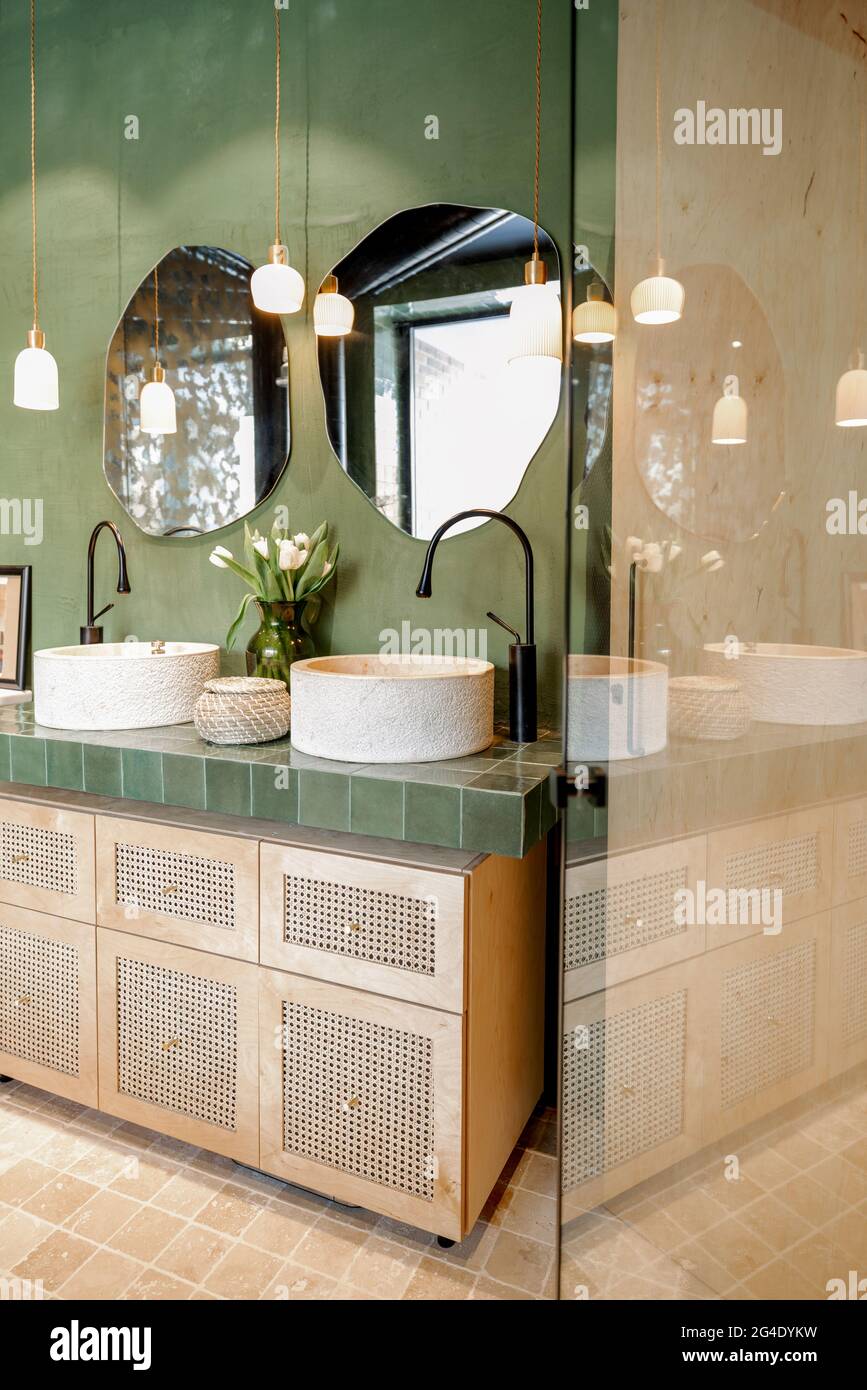 Bathroom interior in natural boho style Stock Photo - Alamy