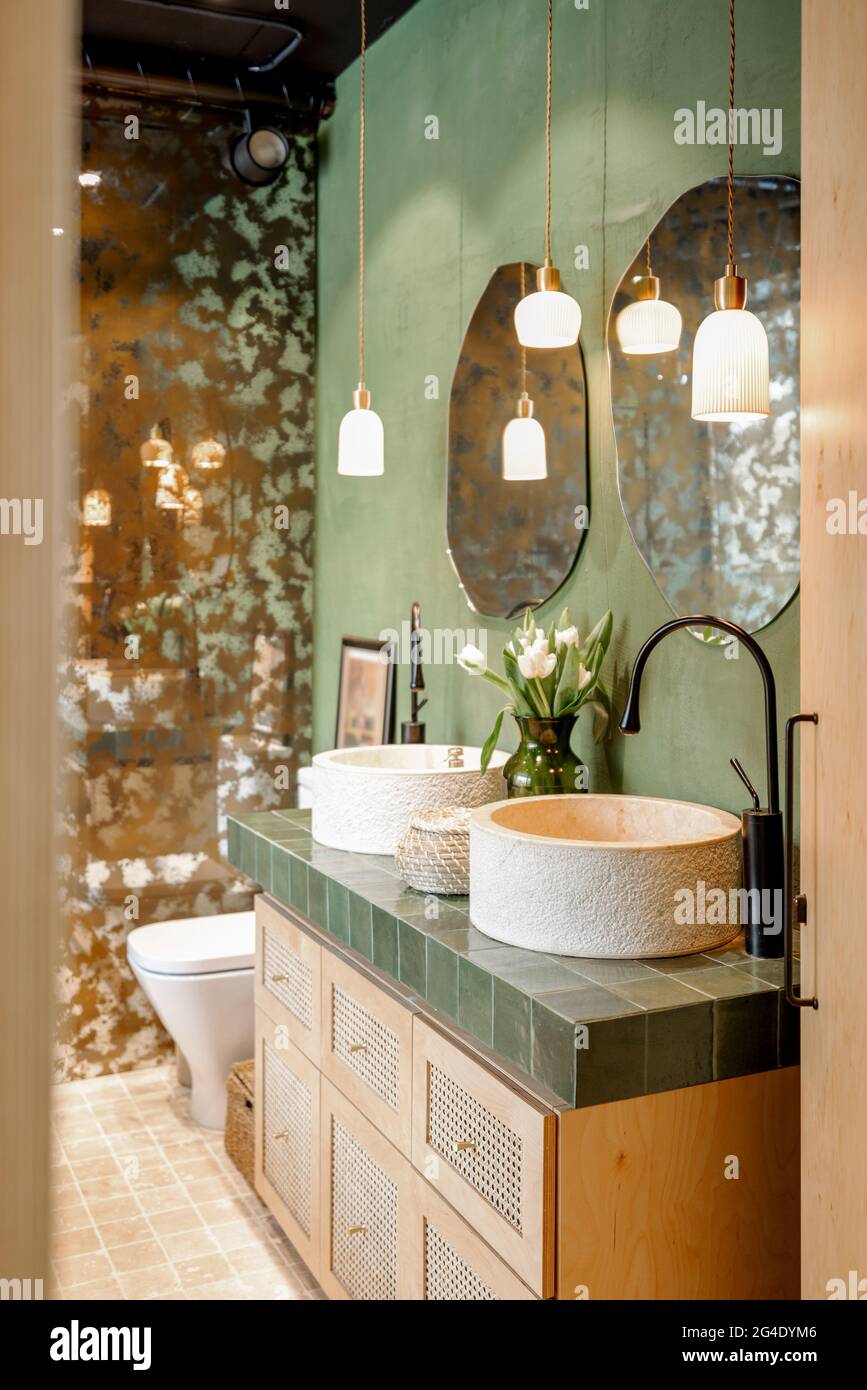 Bathroom interior in natural boho style Stock Photo - Alamy