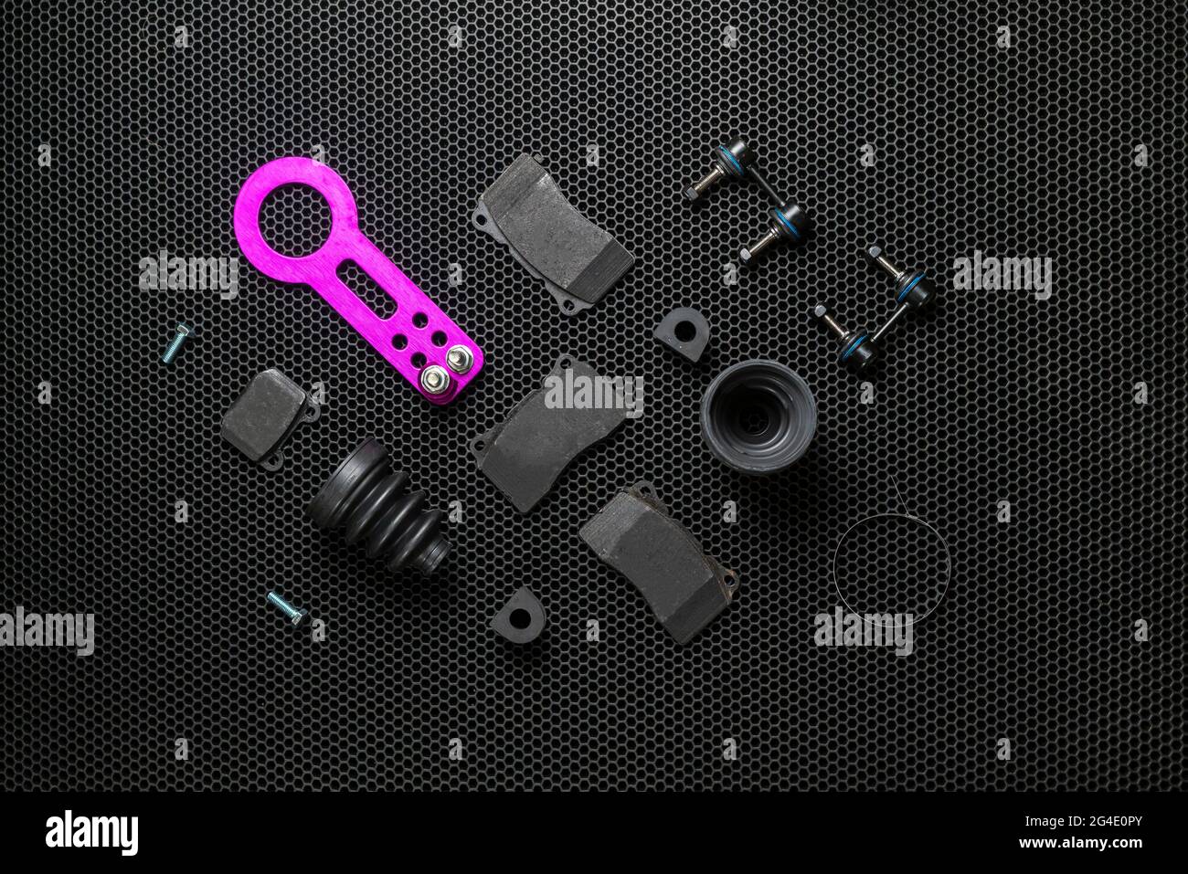 new car spare parts collection flat lay on dark background, change ...