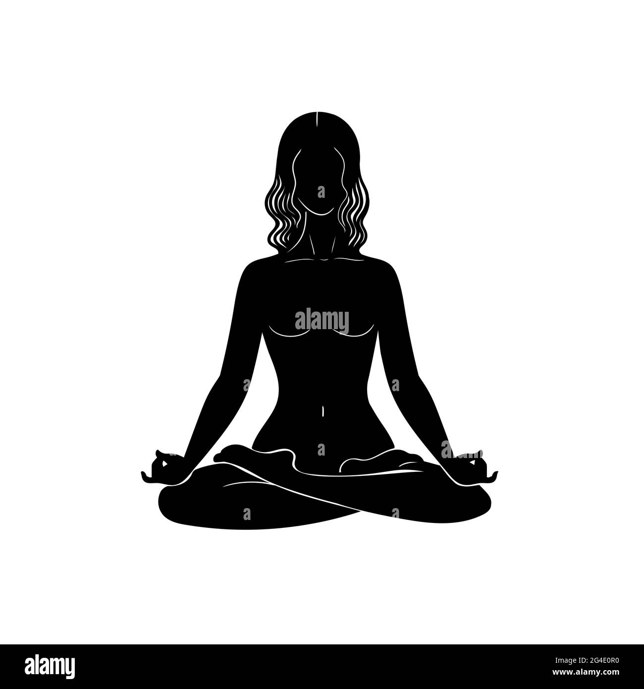 Black isolated silhouette of woman in lotus position on white background.Stock illustration isolated on white background. Stock Vector