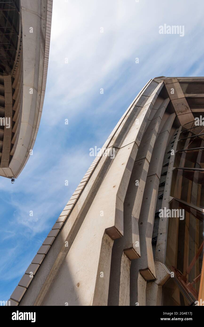 A closeup of the exterior steel reinforced concrete construction of the Sydney Opera House in New South Wales, Australia Stock Photo