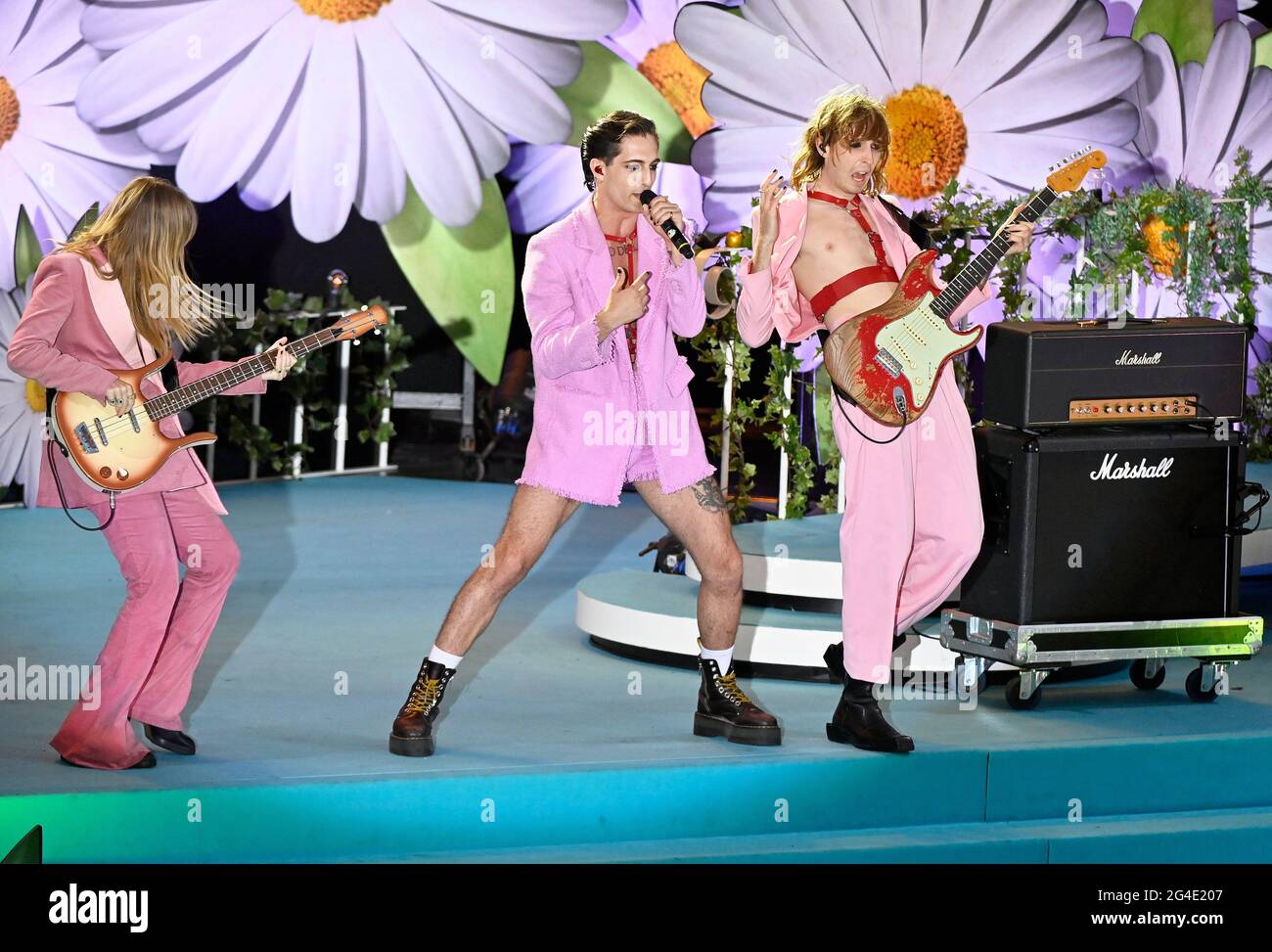 Victoria De Angelis, Damiano David, Thomas Raggi from Måneskin, winners of the Eurovision Song Contest, perform at Lotta på Liseberg in Gothenburg, Sweden, on June 20, 2021. Photo: Tommy Holl / TT code 12033 Stock Photo