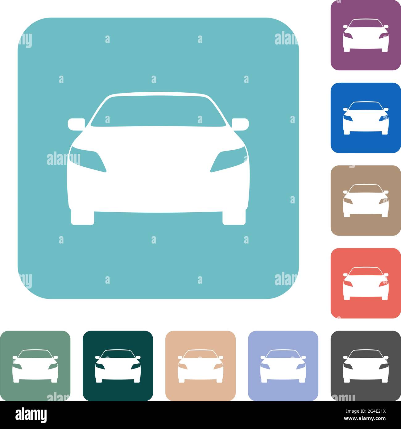 Sport car front view white flat icons on color rounded square ...