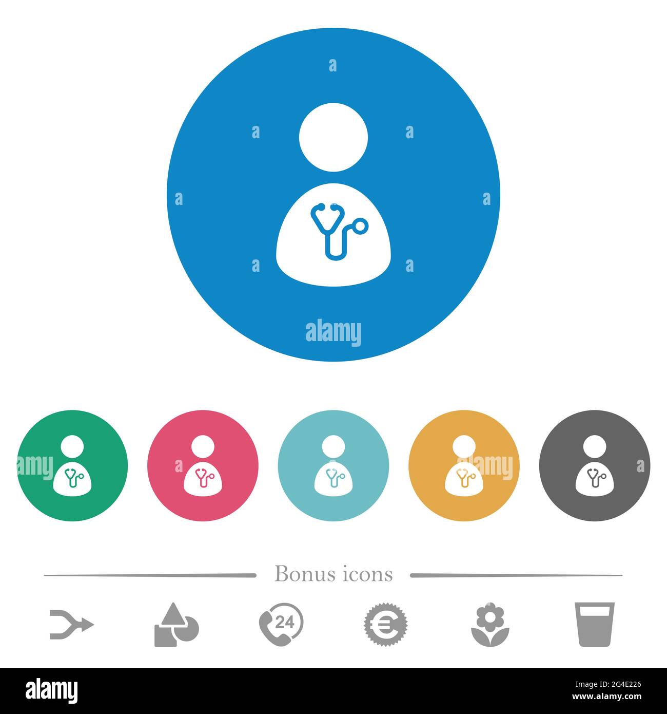 Doctor flat white icons on round color backgrounds. 6 bonus icons ...