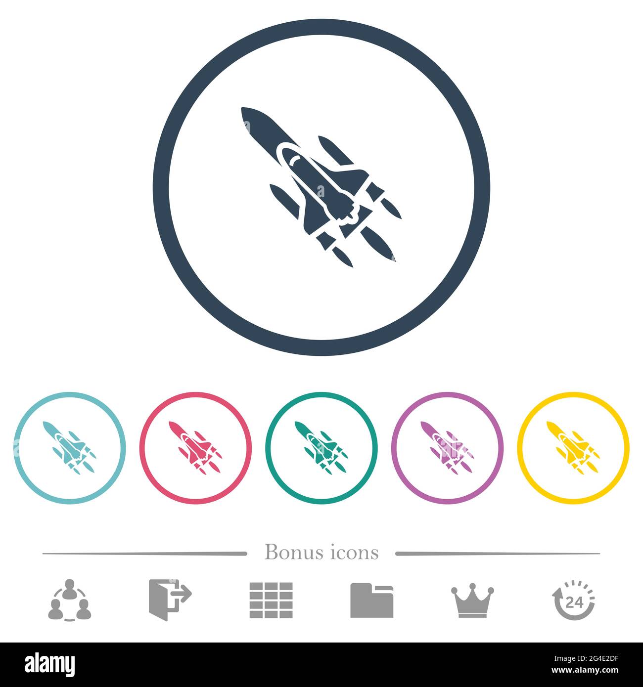Space shuttle with launchers flat color icons in round outlines. 6 ...