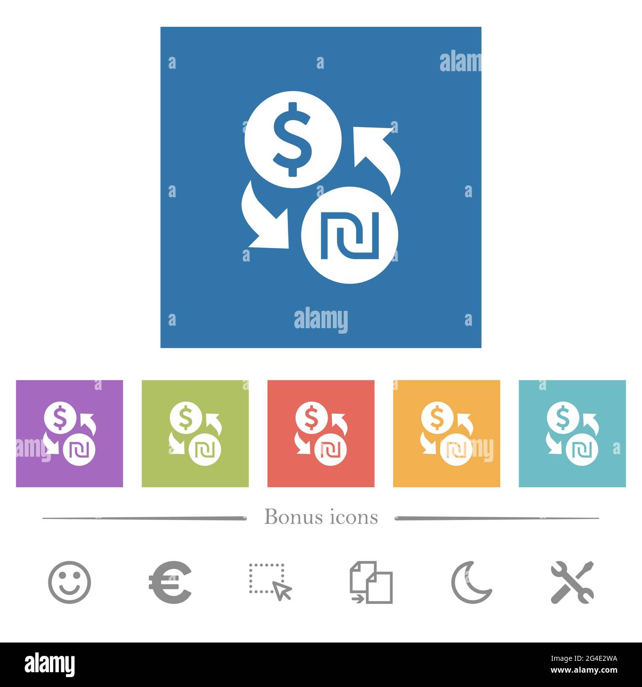 Dollar new Shekel money exchange flat white icons in square backgrounds ...
