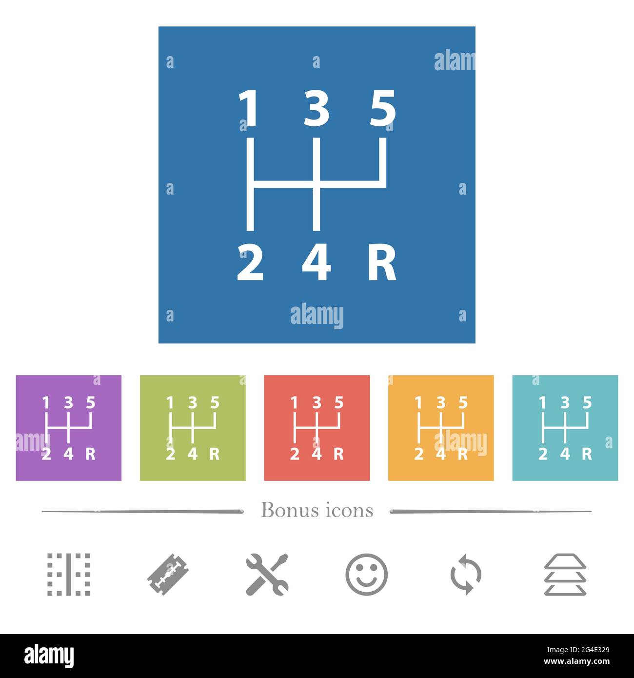 five speed manual gear shift flat white icons in square backgrounds. 6
