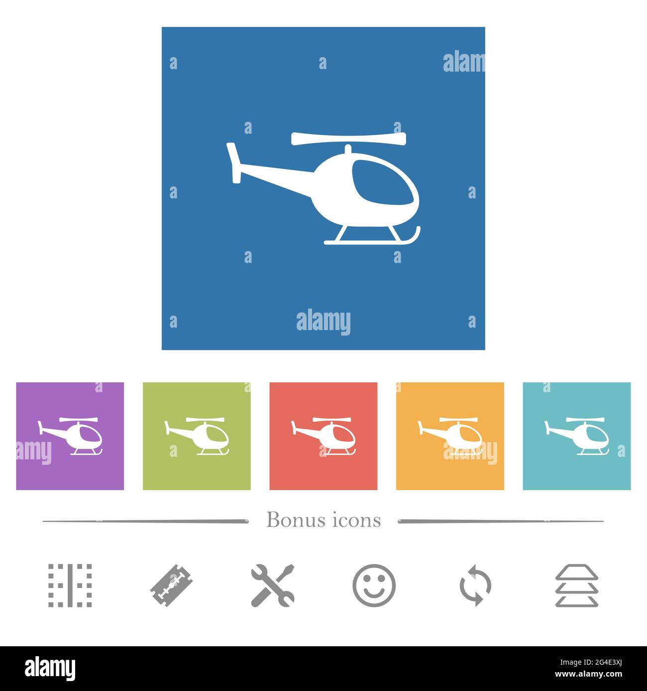 Helicopter silhouette flat white icons in square backgrounds. 6 bonus ...