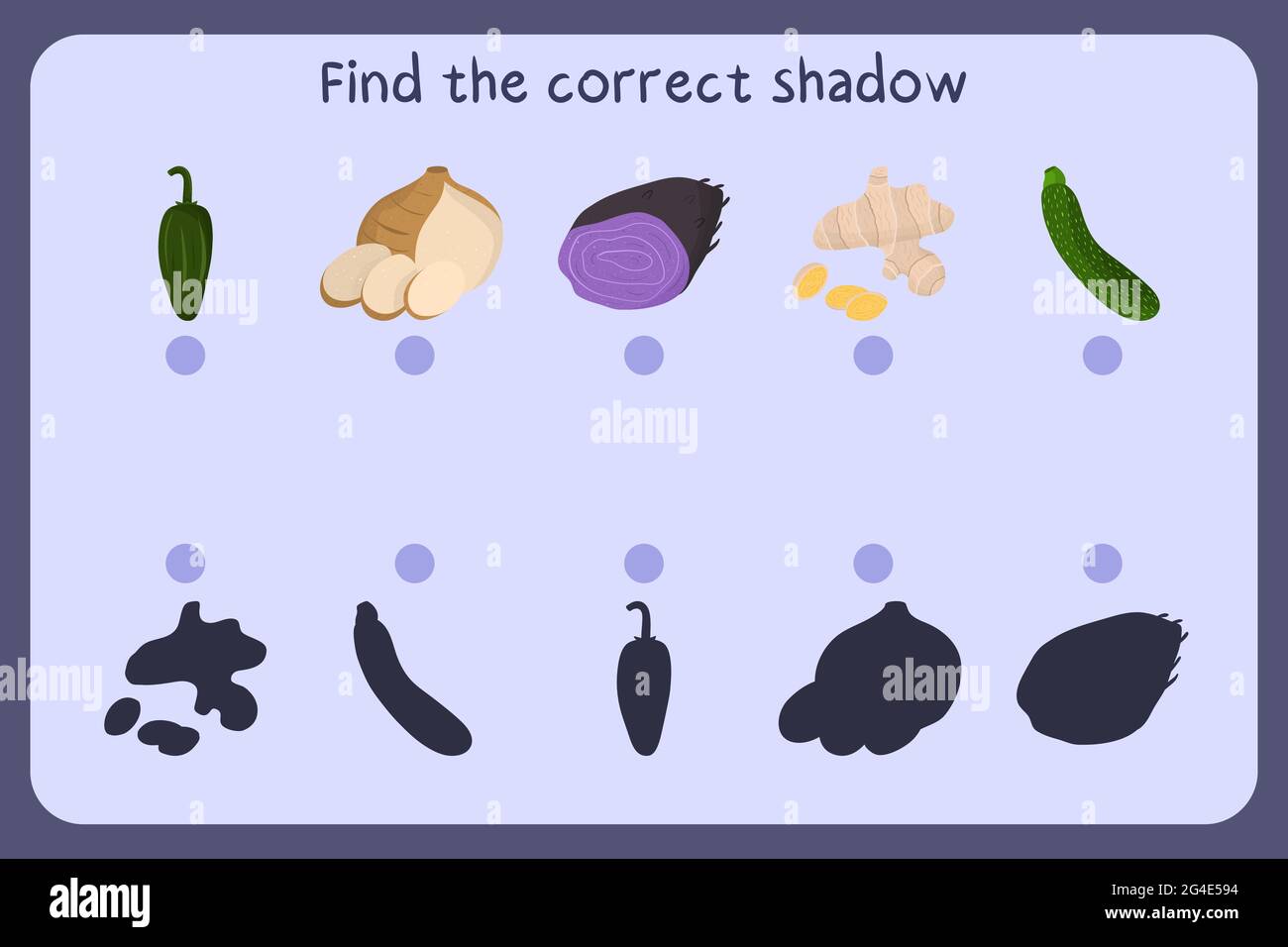 Matching children educational game with food - jalapeno, jicama, ube, ginger, zucchini. Find the correct shadow. Vector illustration. Stock Vector