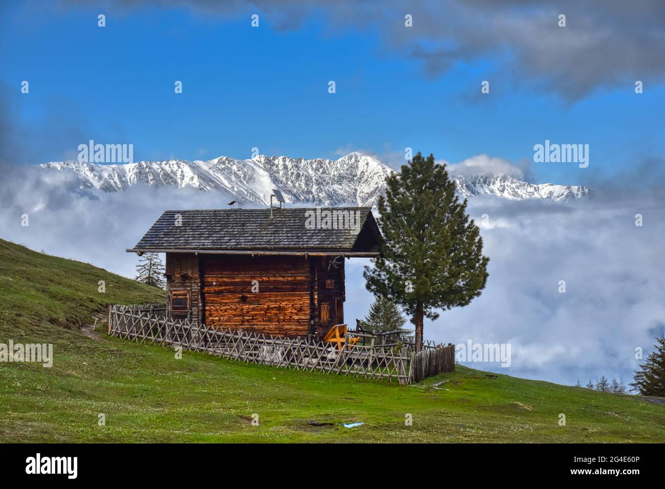 Hütte, Stadel, Holzhütte, Ferienhütte, Scheune, Heu, Holz, Haus,  Feuchtwiese, Lienzer Dolomiten, Osttirol, Rauchkofel, Tristach, Lienz, Frühjahr, Frü Stock Photo