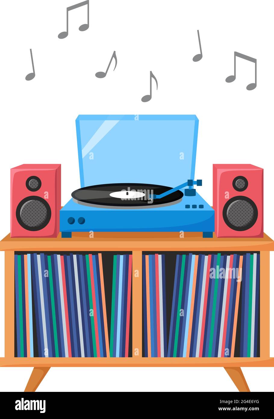 Turntable playing vinyl record. Retro audio device with acoustic system. Analog music player with vinyl collection. Vector Stock Vector