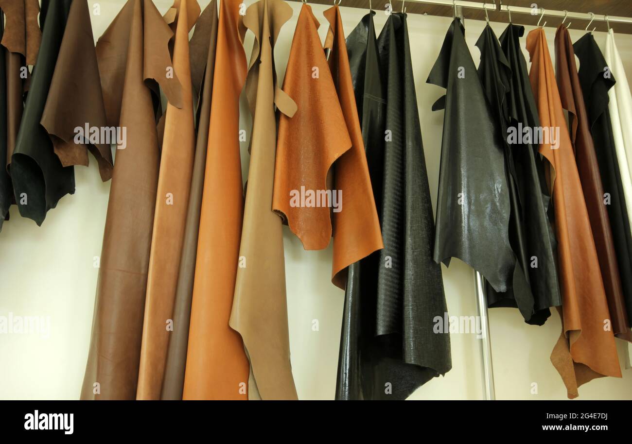 Genuine leathers of various colors for shoe making Stock Photo Alamy