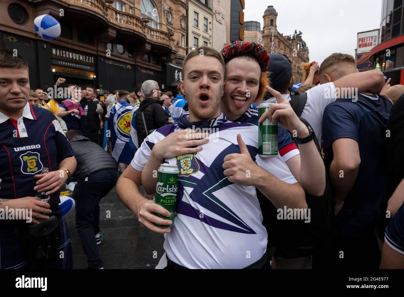 Scottish fans congregate in Leicester Square, Central London ahead of the EURO20 match against England Stock Photo