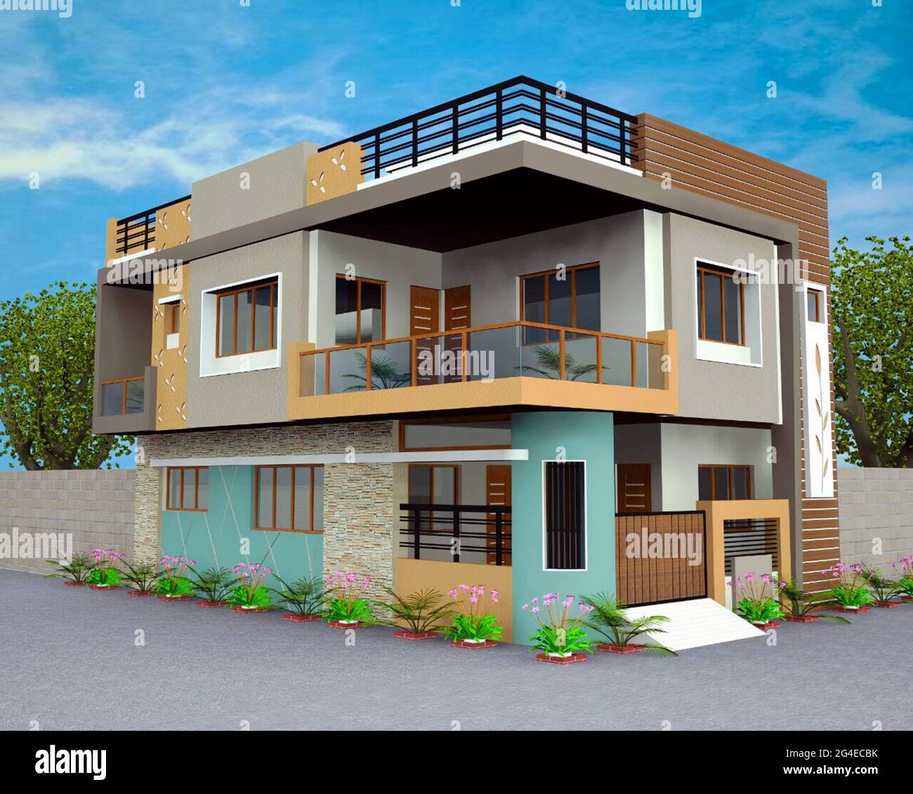 A 3D Rendering Of A Modern House With A Balcony Surrounded By A Garden   A 3d Rendering Of A Modern House With A Balcony Surrounded By A Garden Under A Blue Sky 2G4ECBK 