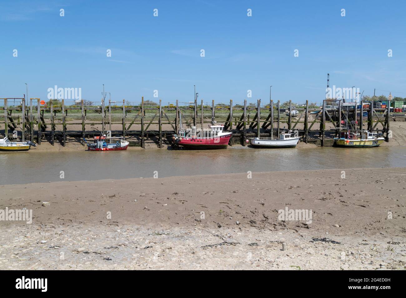 Rye Harbour at low time with muddy banks of the river Brede, Rye, West Sussex, England, UK. Stock Photo