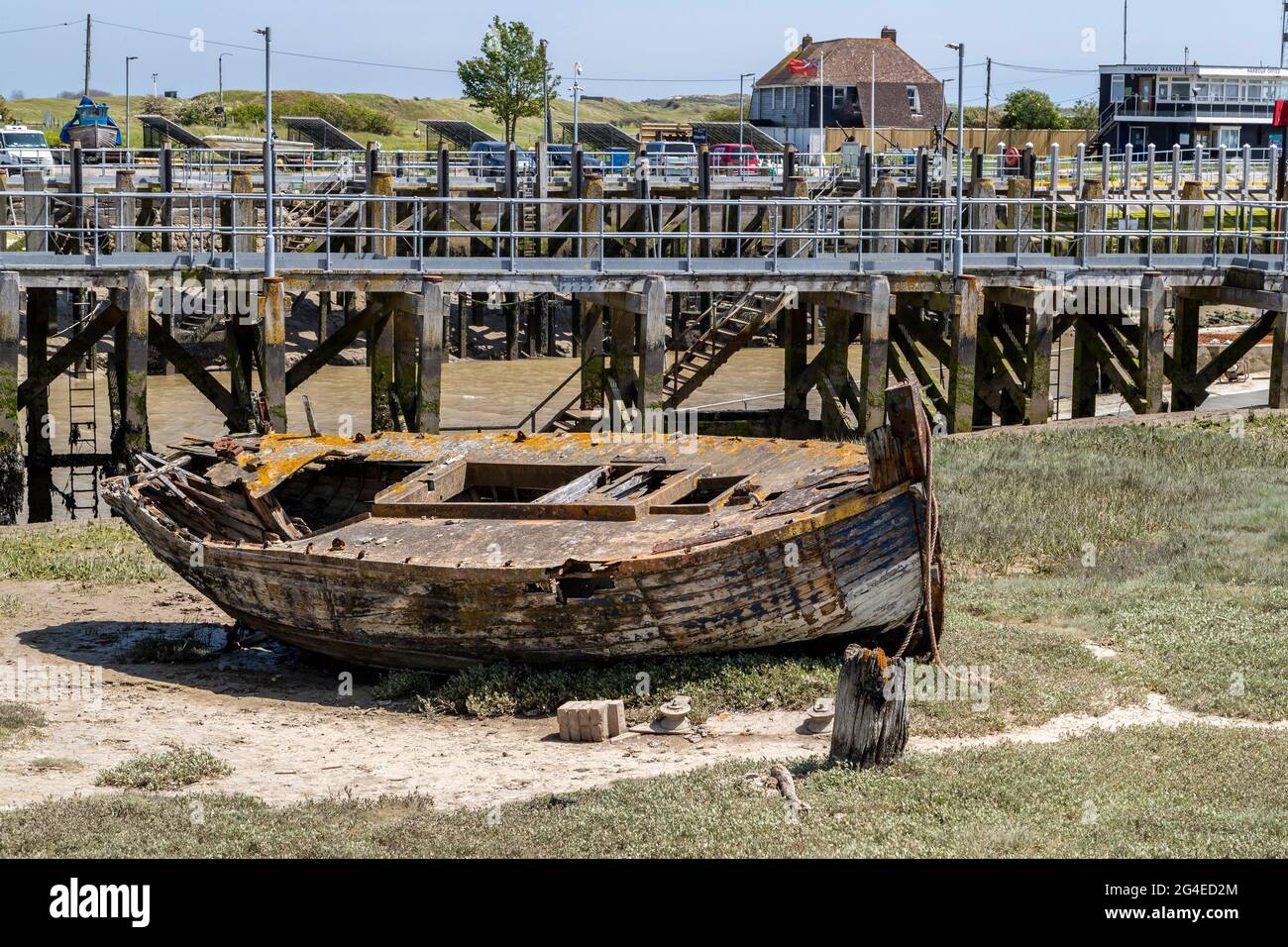 Rye Harbour at low time with muddy banks of the river Brede, Rye, West Sussex, England, UK. Stock Photo