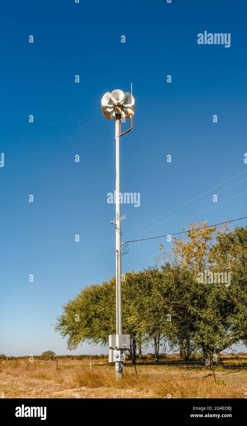 Column with loudspeakers, hazard warning system, near South Texas Project Electric Generating Station, nuclear power plant near Palacios, Texas, USA Stock Photo