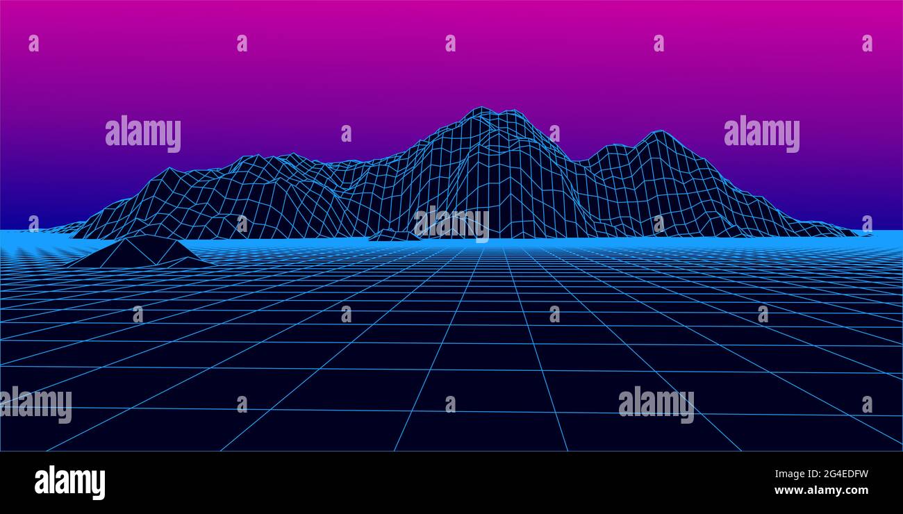 Abstract wireframe landscape 1980s style. Retro futuristic vector grid. Technology neon background with mountains on terrain. Stock Photo