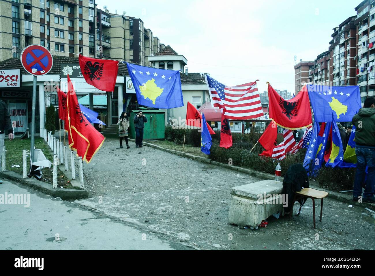 Picture of flags of Kosovo, Albania and the USA waiving in the air in the streets of Prishtina, Kosovo, during the 17th of February, the Kosovo indepe Stock Photo