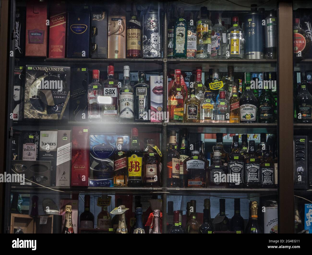 Picture of the shelves of a liquor store in Belgrade, Serbia, with the
