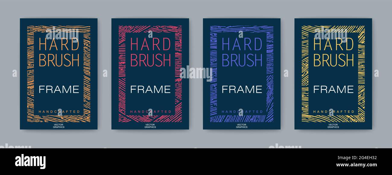 Vector graphics, design elements. Set of artistic frames in A4 format. Handmade textured frame from a dry hard brush. Broad strokes Stock Vector