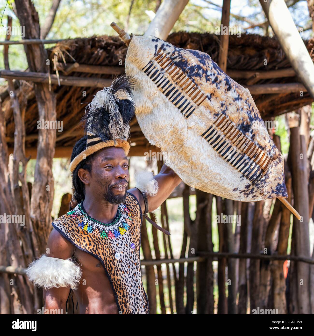 Lesedi Cultural Village, South Africa - 4th November 2106: Zulu warrior demonstration. Tribesman in Zulu costume of skins with beaded decoration, a fe Stock Photo