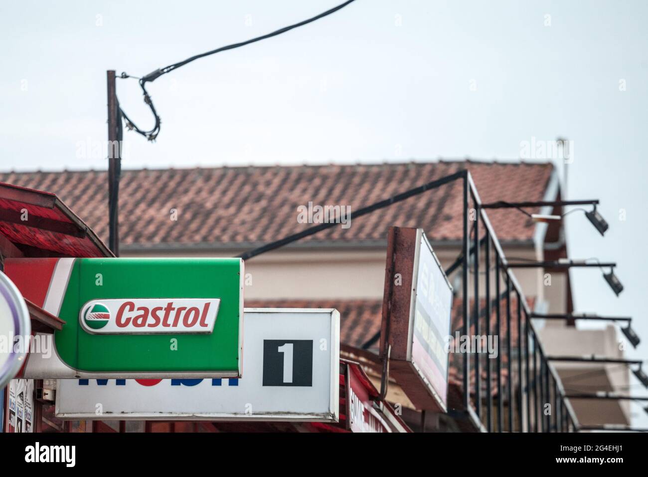 Picture of the Castrol sign on their main retailer for Belgrade, in Serbia. Castrol is a British global brand of industrial and automotive lubricants Stock Photo