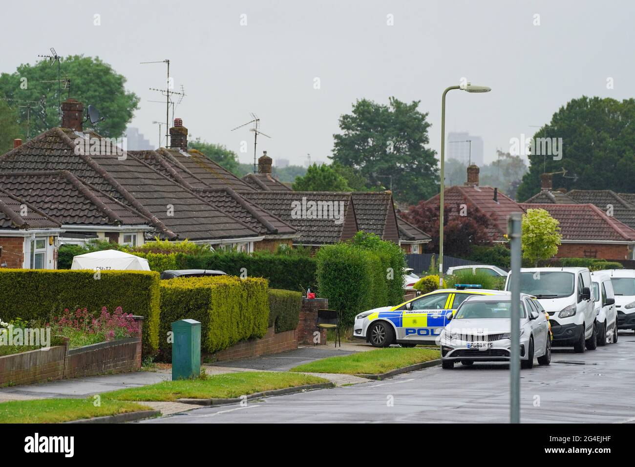 Police at the scene in Buckland Avenue, Basingstoke, Hampshire, after a