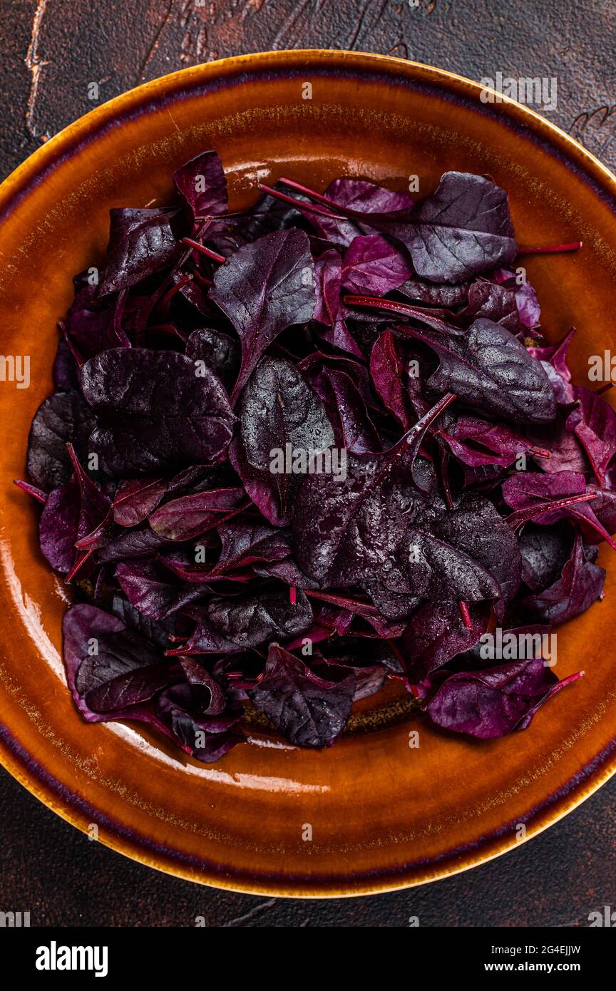 Raw Ruby or red chard salad Leafs on a rustic plate. Dark background. Top view Stock Photo