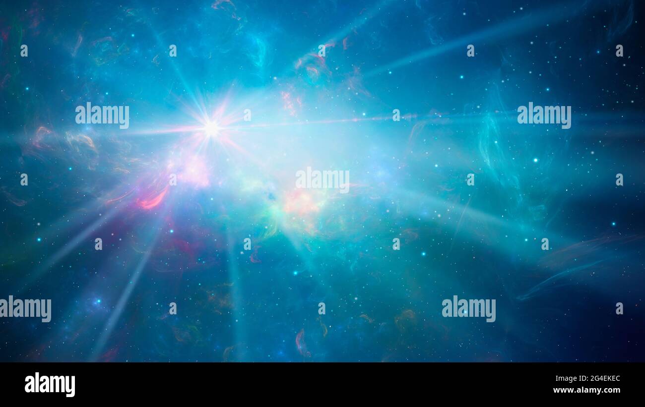 Space background. Colorful nebula in blue color with stars and light ...