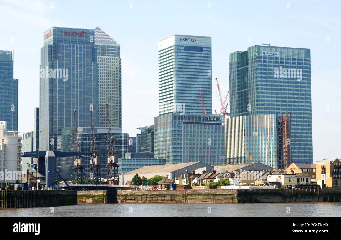 Canary Wharf is the secondary central business district of London on the Isle of Dogs in the London Borough of Tower Hamlets. Stock Photo
