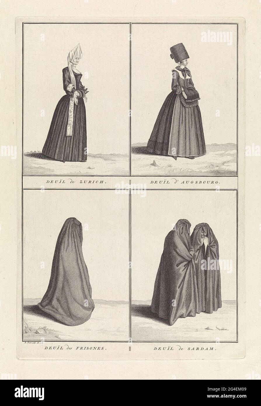 . Leaf with four performances of mourning costumes. Top left: a woman ...