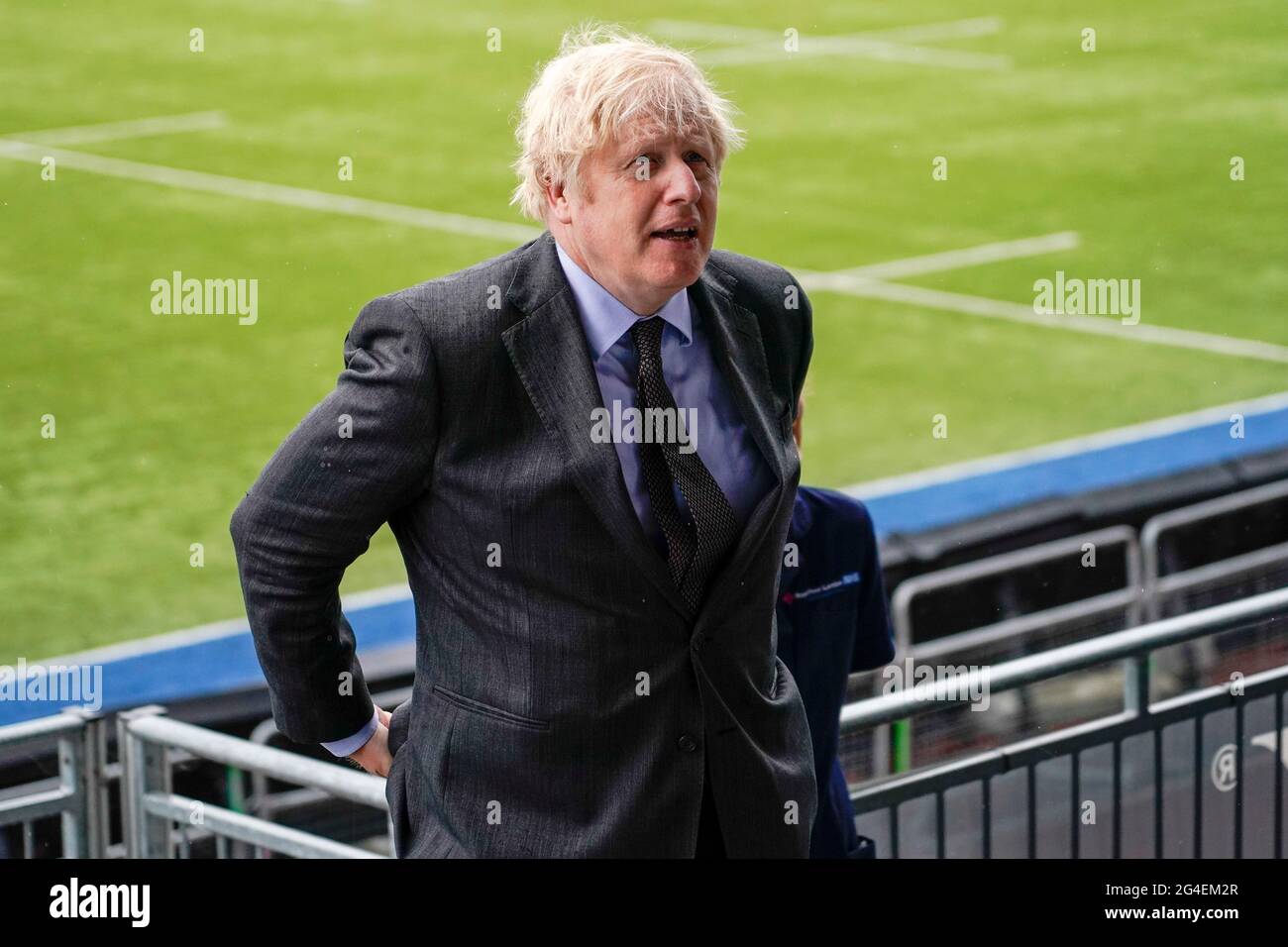 Prime Minister Boris Johnson during a visit to a COVID 19 vaccination centre at the StoneX Stadium, home of rugby union club Saracens, in north London. Picture date: Monday June 21, 2021. See PA story HEALTH Coronavirus. Photo credit should read: Alberto Pezzali/PA Wire Stock Photo
