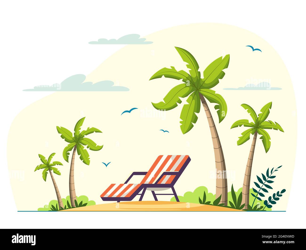 Summer Vacation Lounger On Sea Beach Landscape. Stock Vector