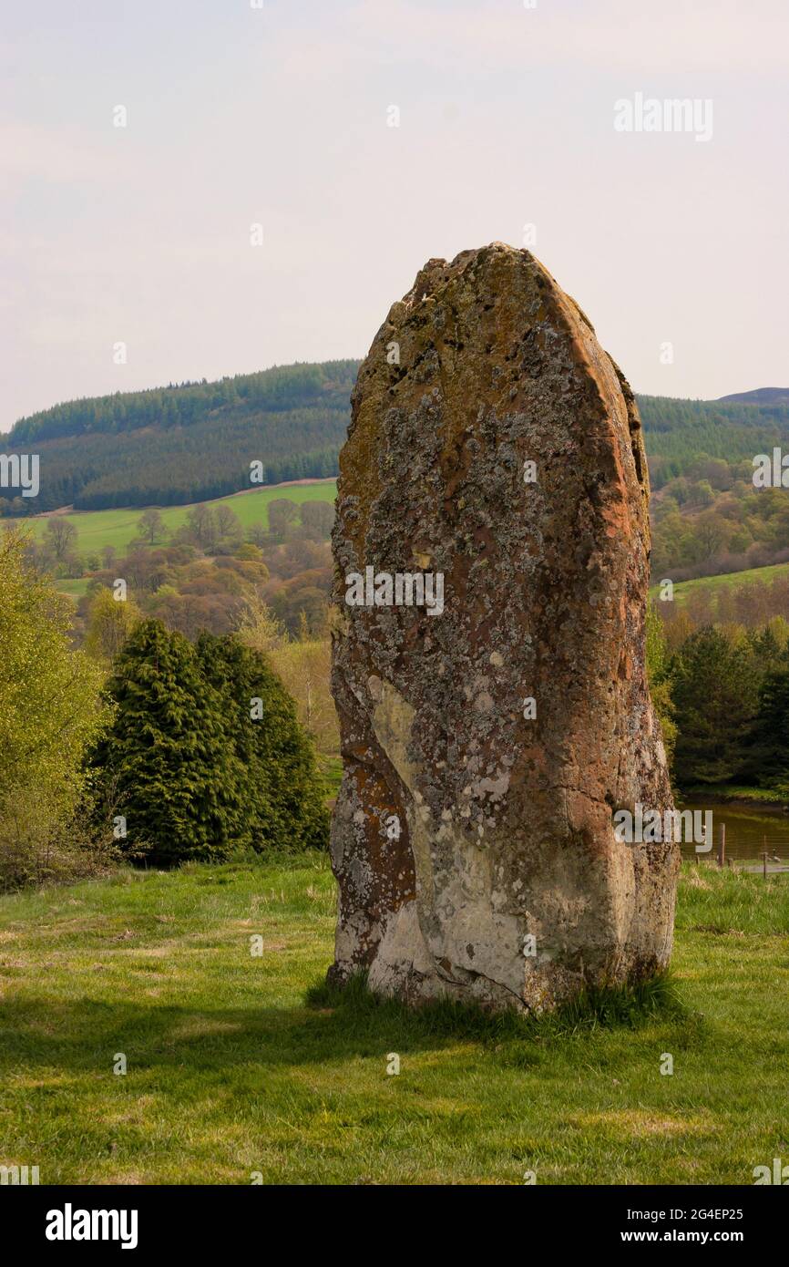 Auchingarrich Standing Stone in the Valley of the River Earn, Comrie, Perthsire, Scotland Stock Photo