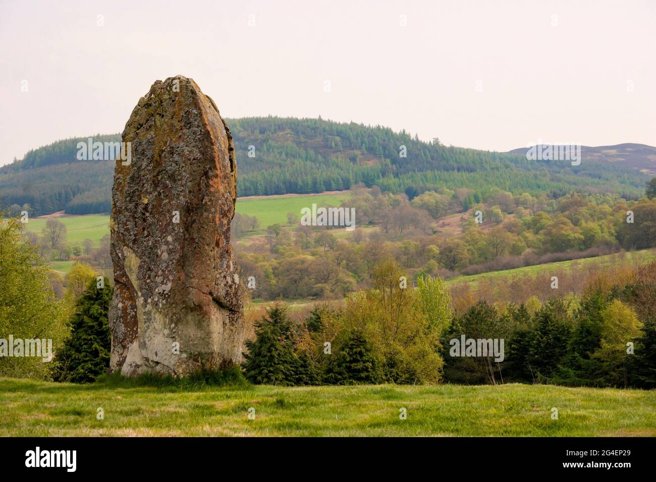 Auchingarrich Standing Stone in the Valley of the River Earn, Comrie, Perthsire, Scotland Stock Photo