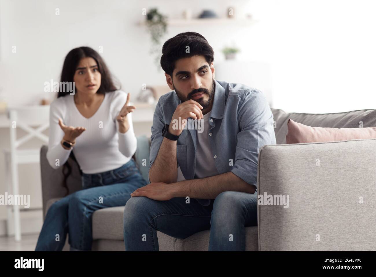 Quarrel and scandal at home, negative emotions, swearing and arguments Stock Photo