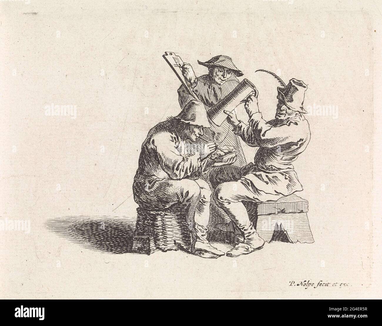 . Two farmers face each other, one on a converted basket, the other on