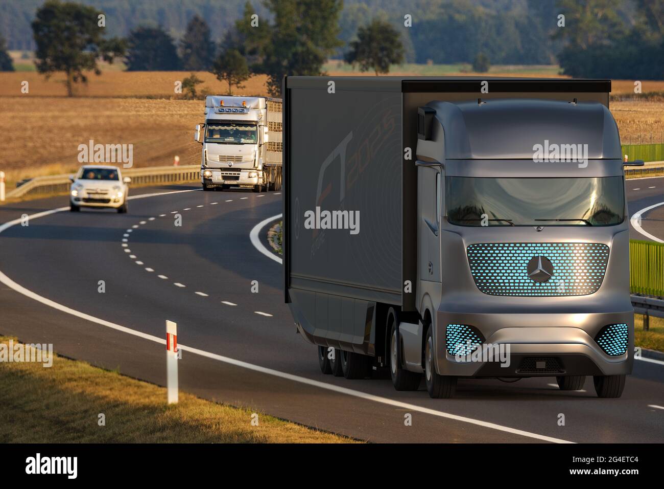 autonomous Mercedes-Benz Future Truck 2025 truck that moves independently in highway traffic thanks to the Highway Pilot system Stock Photo