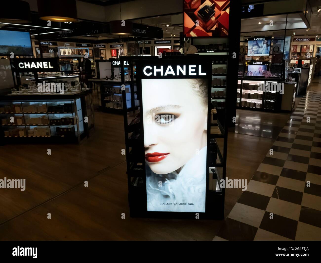 PARIS, FRANCE - September Circa, 2020. Chanel light banner in shop at ...