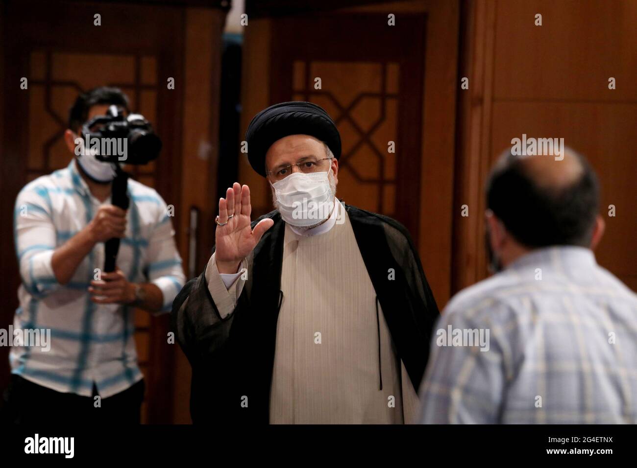 Tehran, Iran. 21st June, 2021. Iran's new President-elect Ebrahim Raisi arrives for a press conference in Tehran, Iran, Monday, June 21, 2021. The hardline judiciary chief and Western critic said he would not be willing to meet U.S. President Joe Biden. Photo by Maryam Rahmanian /UPI Credit: UPI/Alamy Live News Stock Photo