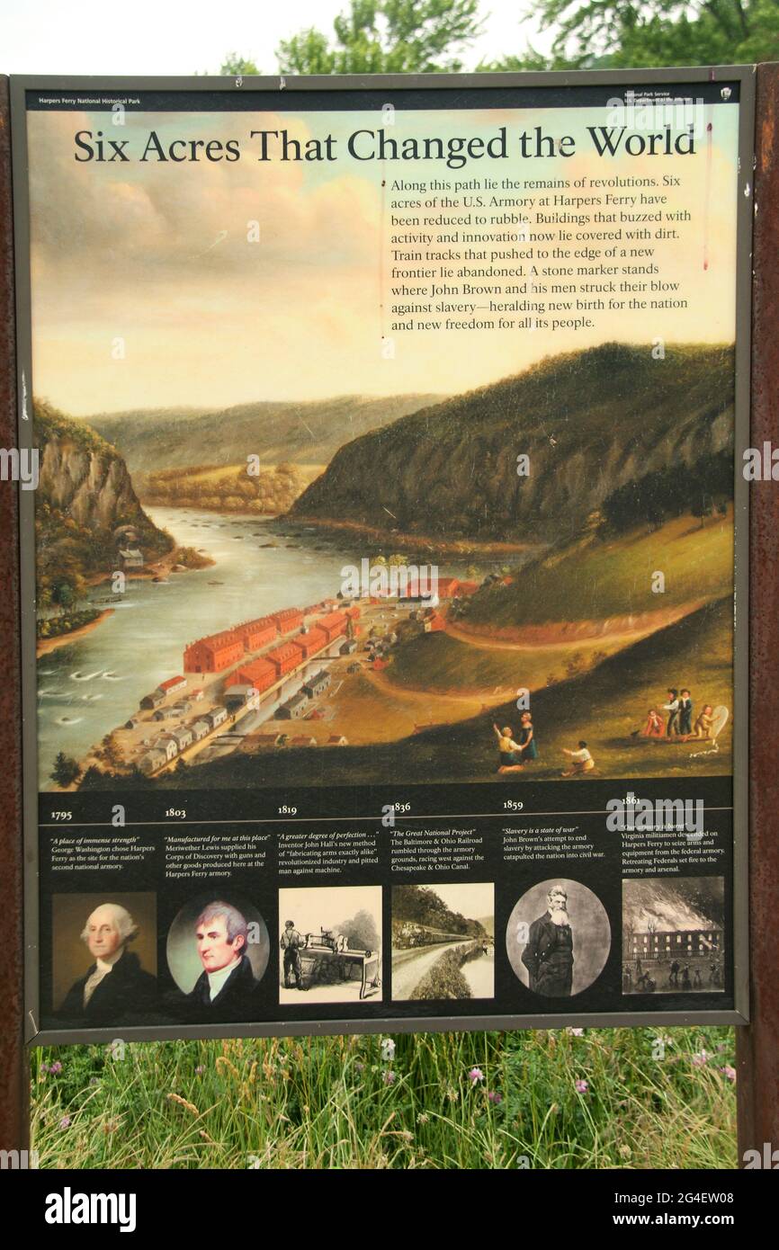 Harpers Ferry, WV, USA. Historical marker showing the old U.S. Armory