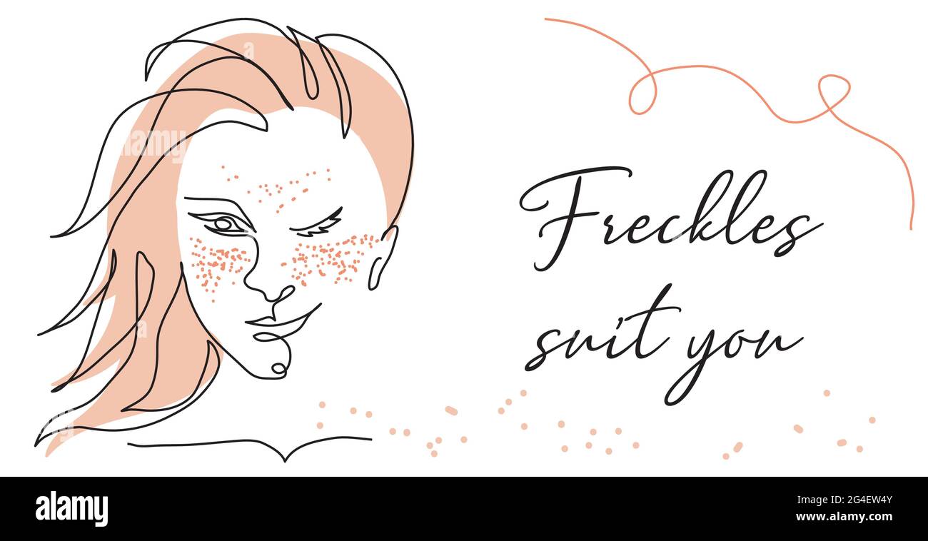 Freckled girl one line art face portrait. Red headed beautiful woman winks. Freckles suits you text. Simple vector illustration for freckled skin care Stock Vector