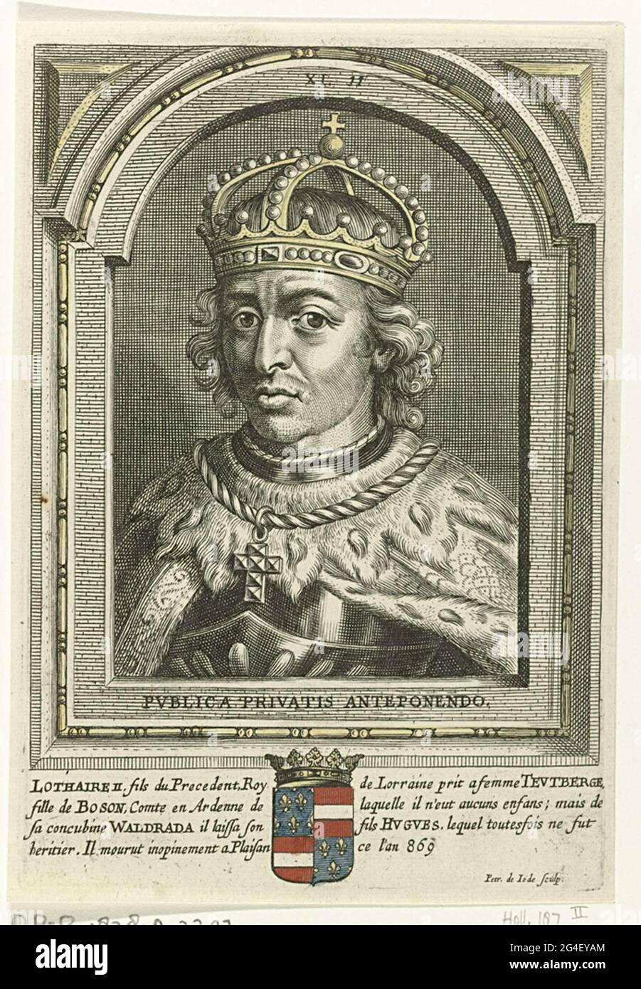. Bust portrait of Lotharius II, with crown. He wears a cloak and a chain with a crotch pendant. The portrait is caught in an arc shaped frame with square edging and a motto in Latin. In the margin the coat of arms of the person portrayed and a four-line caption in French. Print from a book in which 54 prints with portraits. Stock Photo