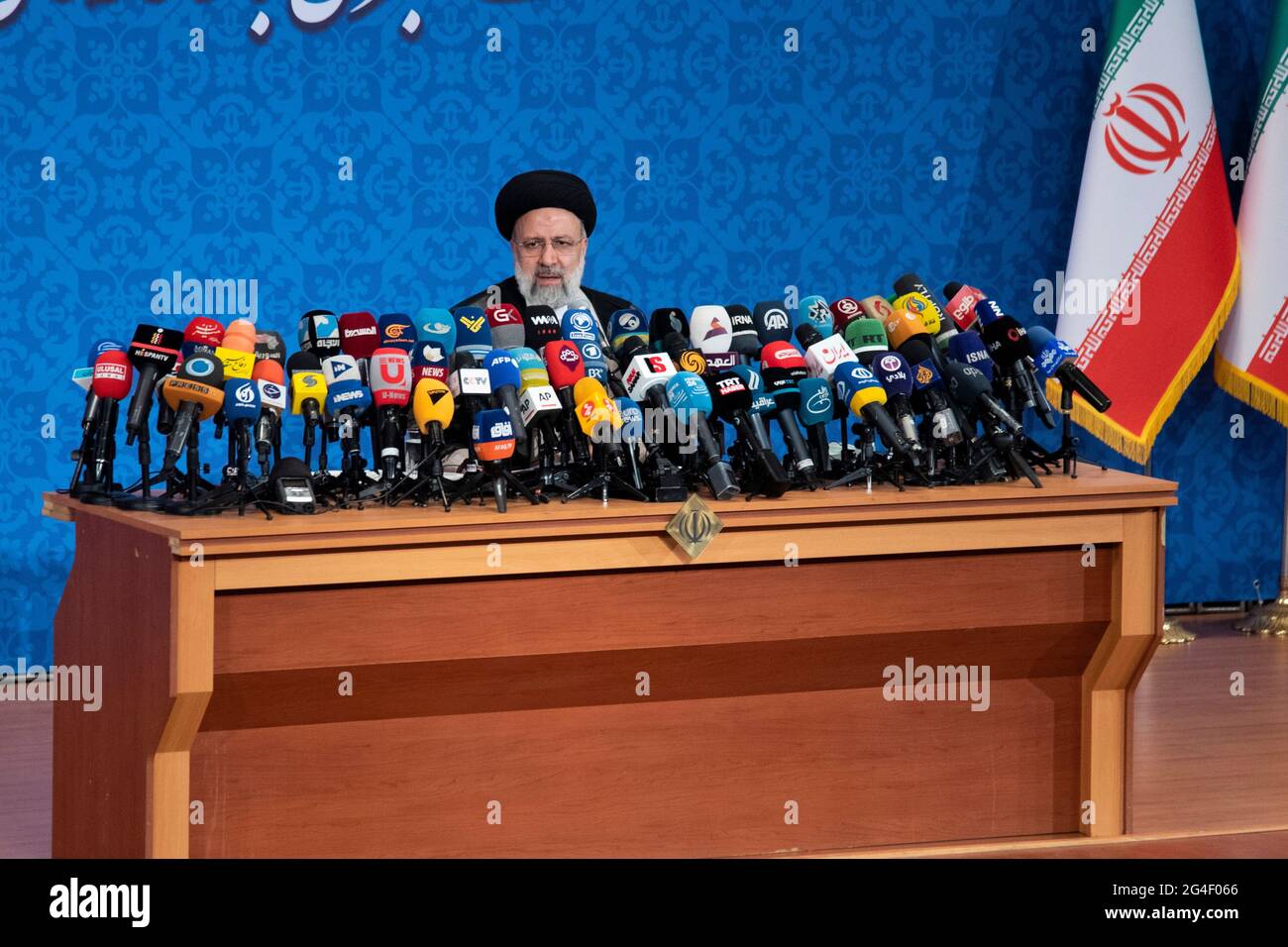 Tehran, Iran. 21st June, 2021. Iranian President elect Ebrahim Raisi attends a press conference for speaking with local and international media in Tehran. (Photo by Sobhan Farajvan/Pacific Press/Sipa USA) Credit: Sipa USA/Alamy Live News Stock Photo